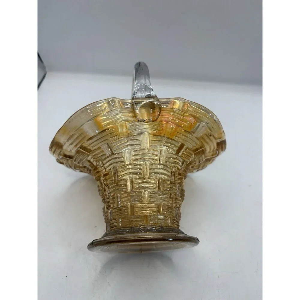Vintage Marigold 6” Dugan Carnival Glass Weaved Pattern Basket
